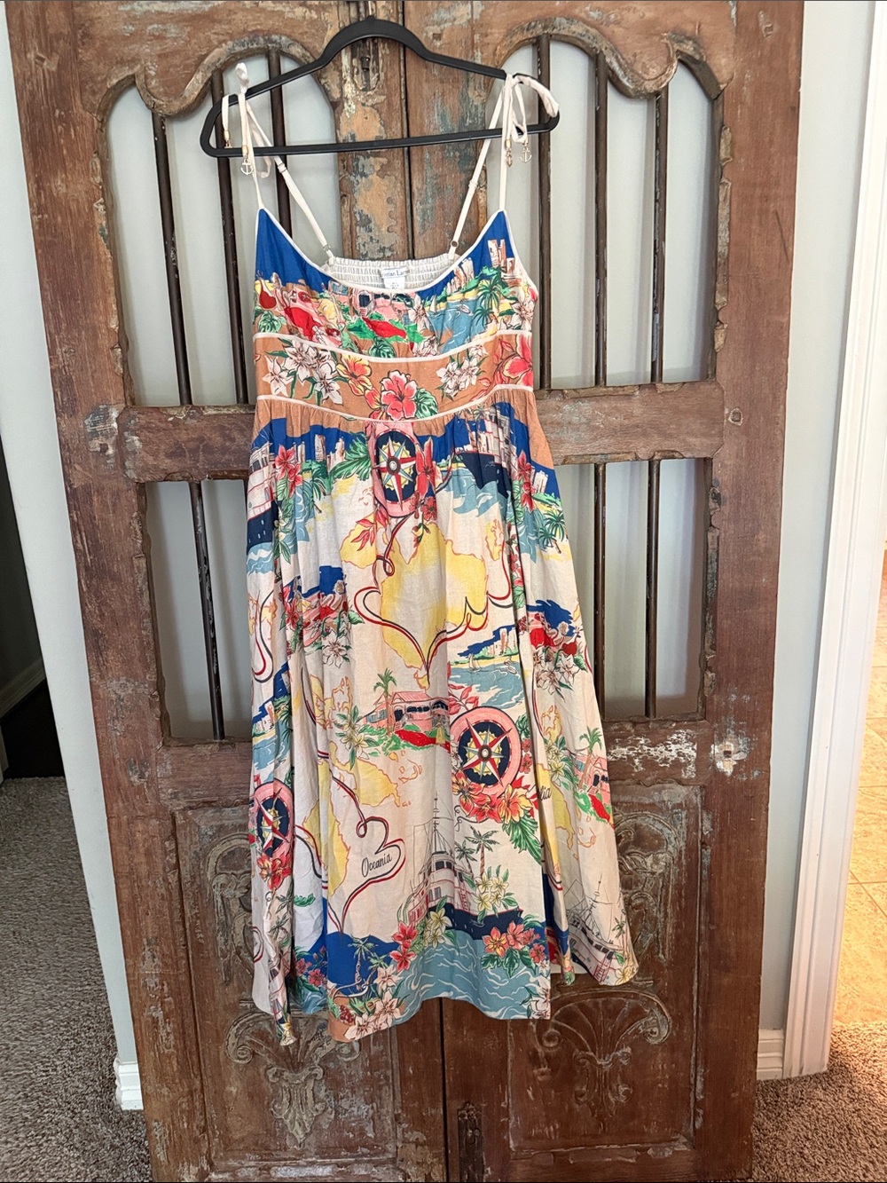 Christian Lacroix Floral Nautical Midi Dress in Blue, Yellow, Pink & Cream